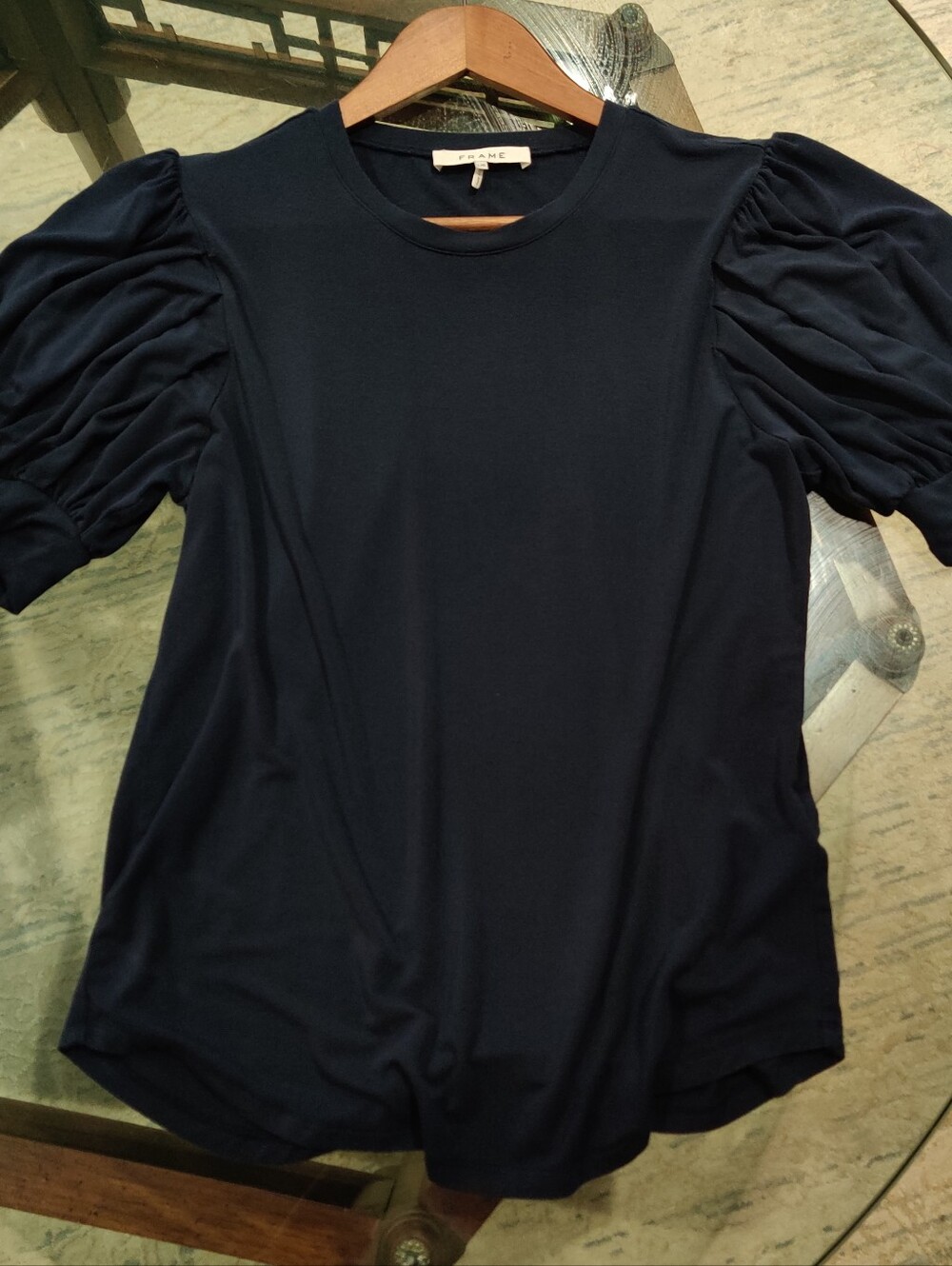 FRAME navy blue shirt top with puff sleeves size L